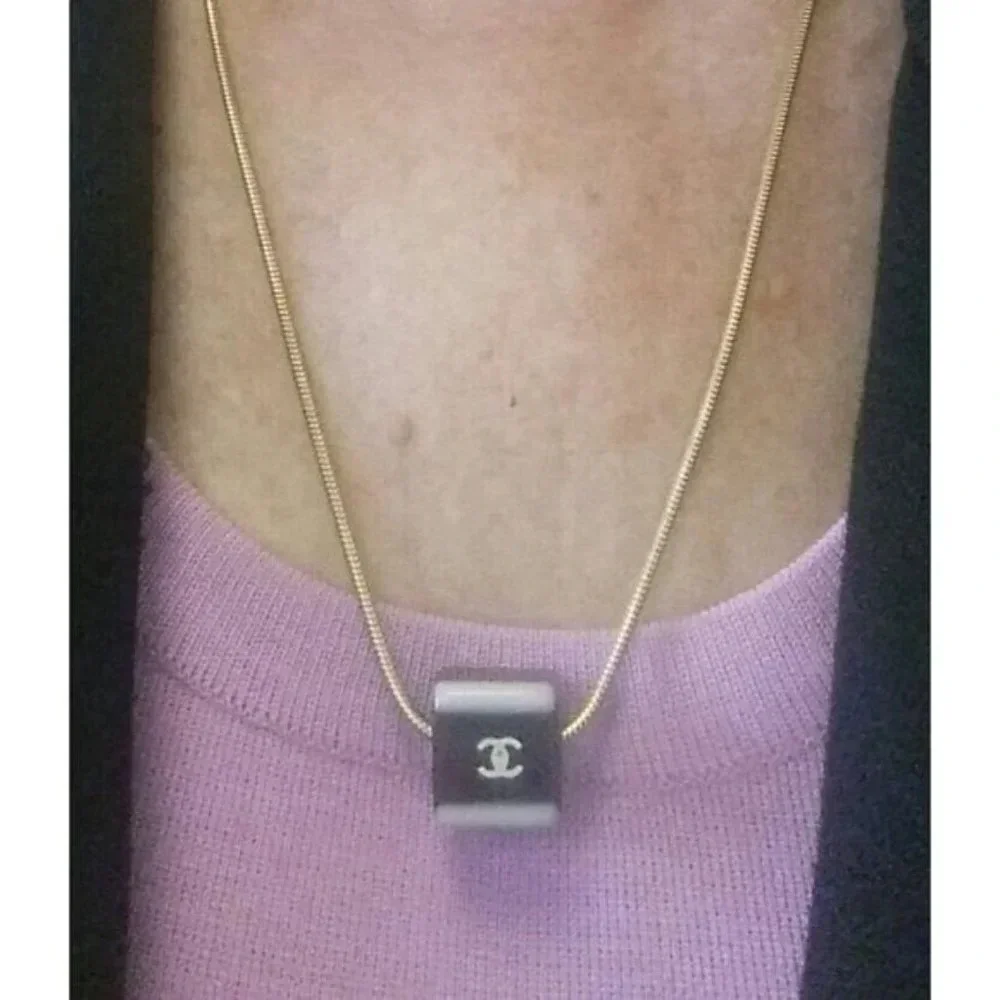 Vintage Authentic Chanel Logo Necklace &  Square Clip Earrings Set ~ Signature